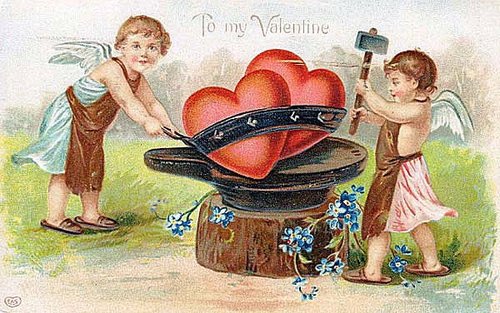 Victorian Cherub Valentine Card: Cupids Forging Hearts
