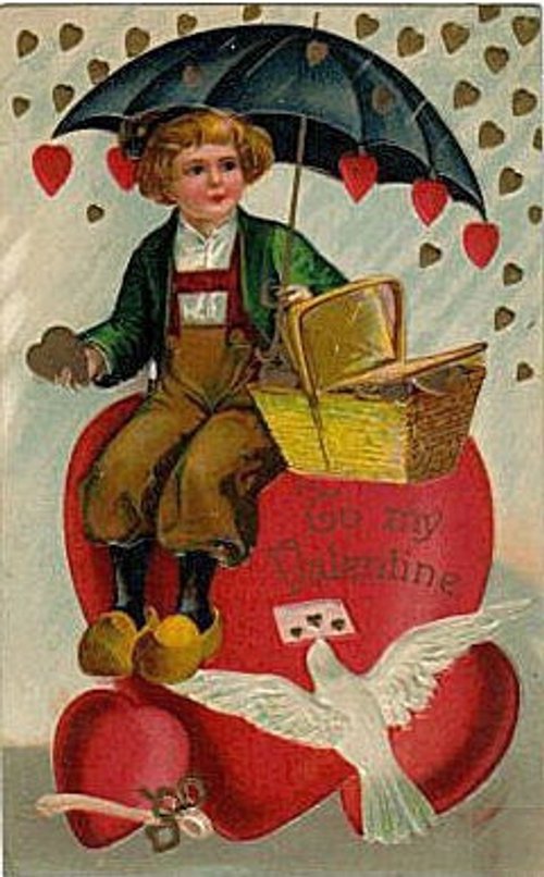 Victorian Valentine Boy with Umbrella & Falling Hearts