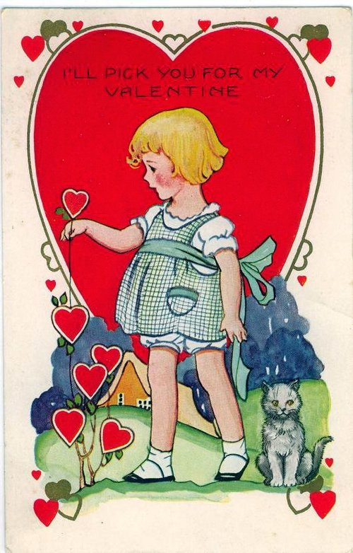 Vintage Valentine Greeting Card Girl Heart Flowers 1920s