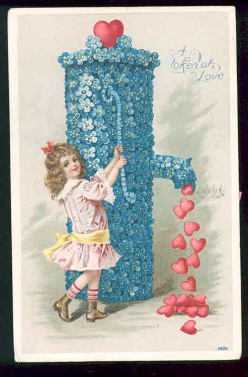 Victorian Token of Love Girl Floral Water Pump Card
