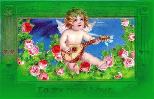 Victorian Cherub with Lute Vintage Greeting Card - Green Border