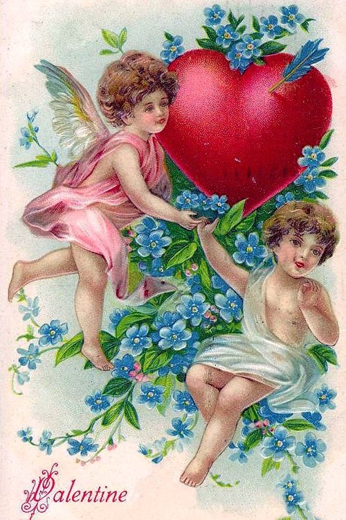 Victorian Valentine Cherub Angels Heart Forget-Me-Not Flowers