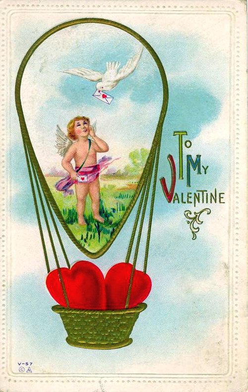Vintage Valentine Hot Air Balloon Card with Cherub, Early 1900s