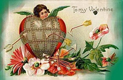 Victorian Valentine Cherub Heart Globe Floral Greeting Card