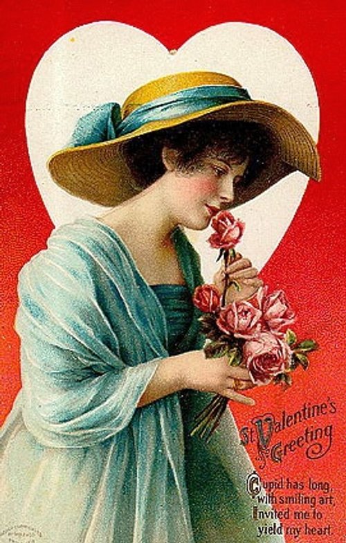 Edwardian Valentine's Day Greeting Card with Woman in Hat