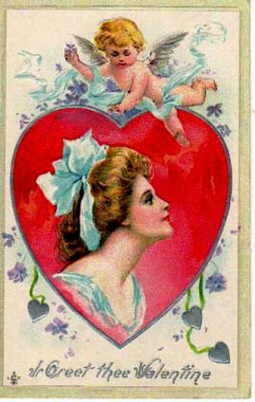 Victorian Valentine Greeting Card with Cupid and Woman Portrait