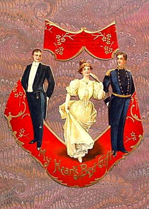 Victorian Valentines Greeting Card: Elegant Trio with Red Curtain Frame
