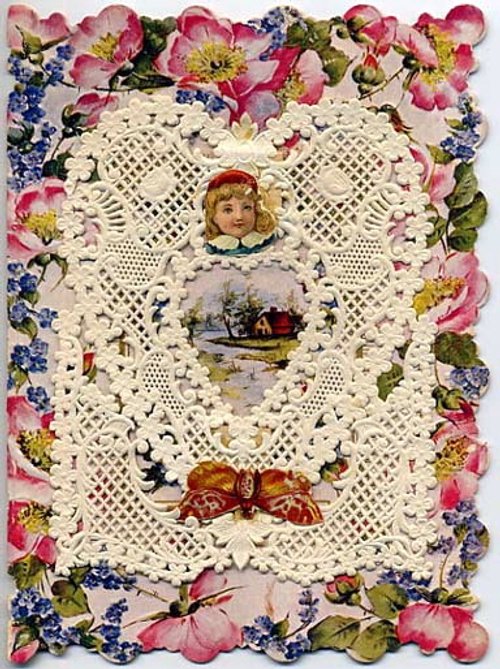 Victorian Die-Cut Greeting Card with Child, Flowers & Lace