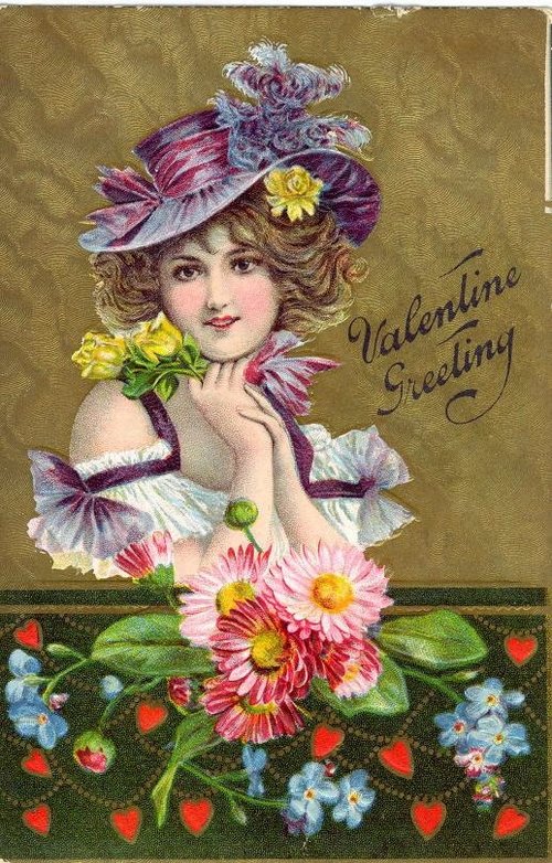 Vintage Victorian Valentine Greeting Card with Pretty Woman