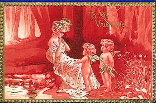 Vintage Valentine Card: Cherubs & Lady in Red, Edwardian Romance