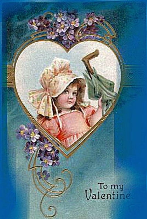 Victorian Valentine Card Heart Portrait Girl Flowers Blue