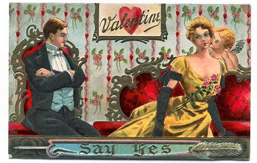Edwardian Valentine's Day Greeting Card with Cupid and Romantic Couple