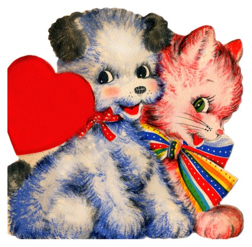 Vintage Valentine Dog & Cat with Heart Die-Cut Card