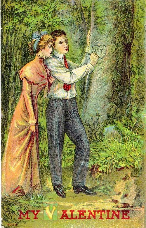 Victorian Valentine Greeting Card: Couple Carving Initials in Tree