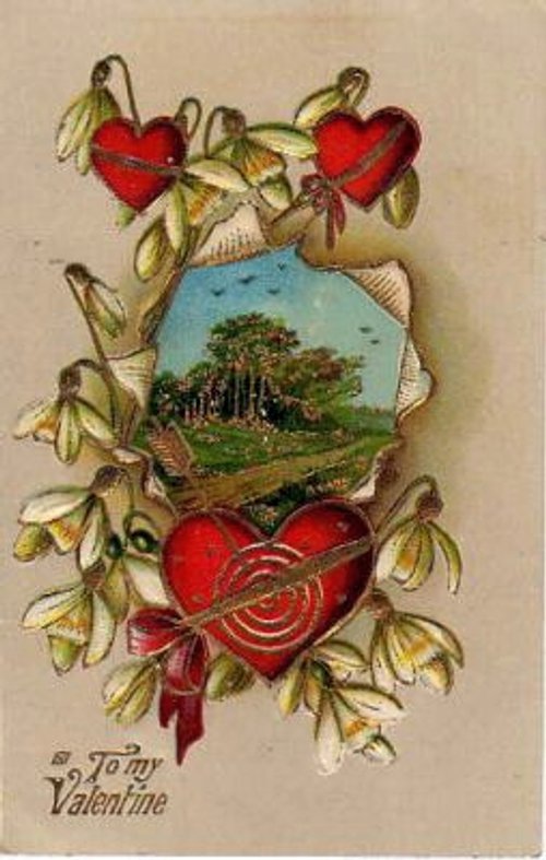 Victorian Valentine's Day Greeting Card with Hearts & Snowdrops