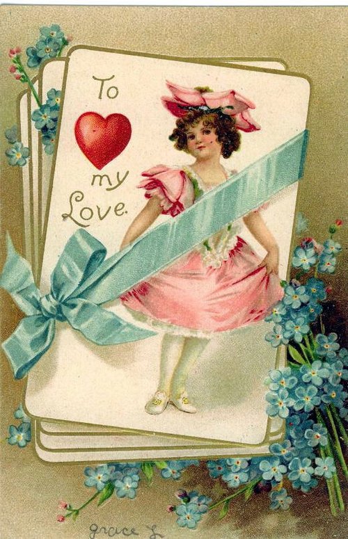 Victorian Valentine Card: Girl in Pink with Forget-Me-Nots