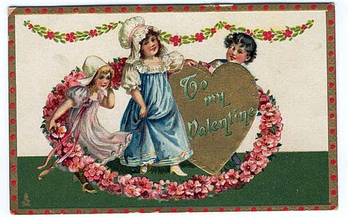 Victorian Valentine's Day Card with Two Girls, a Boy & Floral Heart