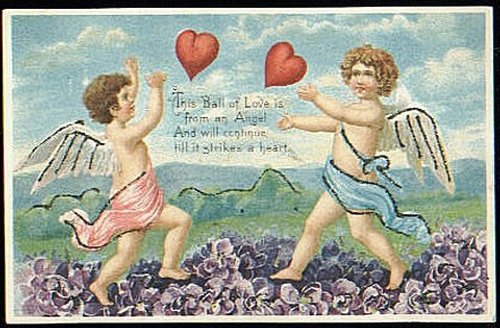 Victorian Cherub Cupids Valentine Card - Love's Ball Heart Design