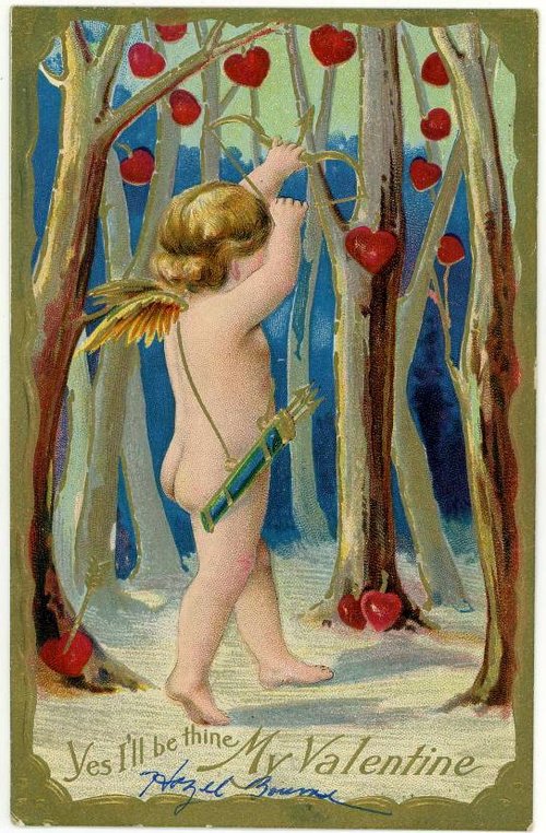 Vintage Valentine Card Cherub Picking Hearts in Forest