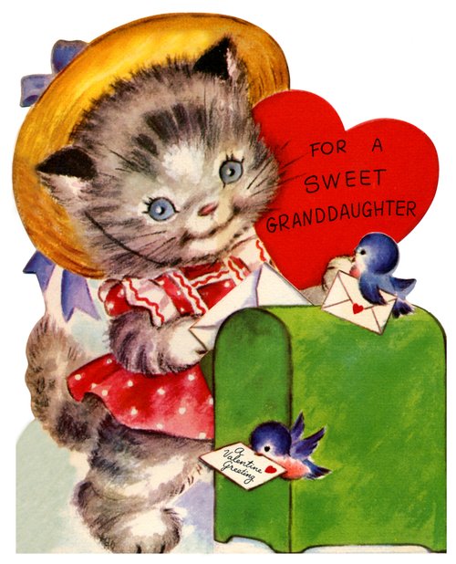 Vintage Cat Valentine Greeting Card for Granddaughter 1920s-1930s