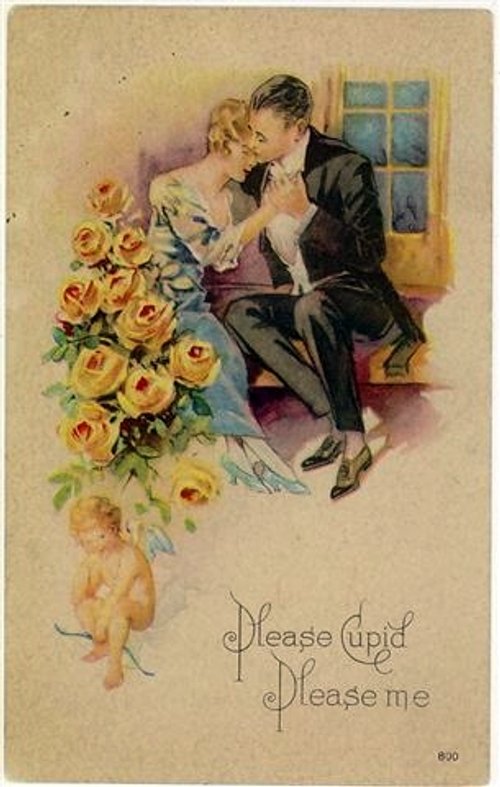 Edwardian Romance Greeting Card with Yellow Roses and Cupid