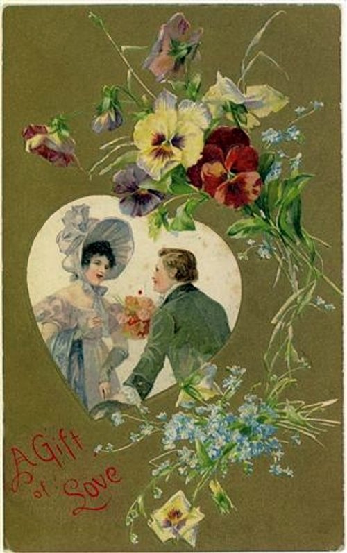 Edwardian Love Gift Card with Pansies & Couple Portrait