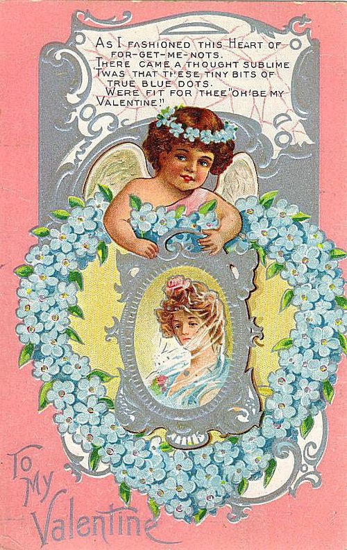 Victorian Valentine Cherub & Forget-Me-Not Greeting Card, 1890s