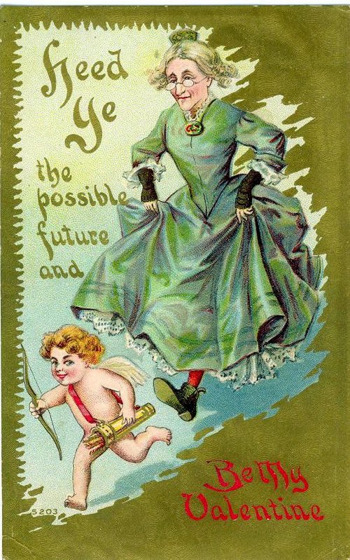 Victorian Valentine: Cupid & Elderly Woman Illustrated Greeting Card