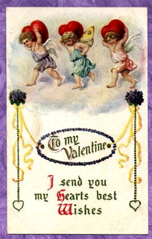 Vintage Valentine's Day Card with Three Cherubs & Hearts