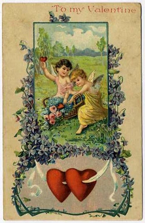 Victorian Valentine Cherubs Pastoral Landscape Violet Border
