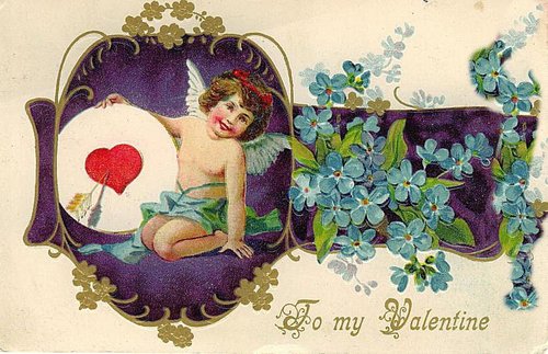 Victorian Valentine's Day Cupid Cherub Blue Flowers Die-Cut Card