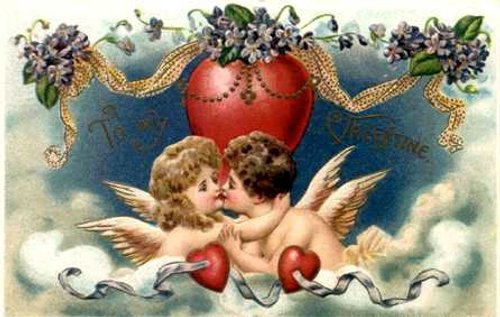 Victorian Cherub Valentine Card with Red Heart and Violet Garland