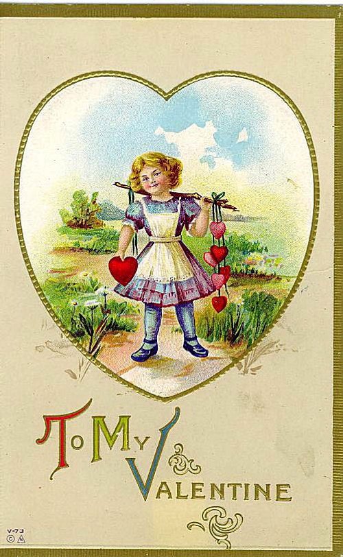 Vintage Victorian Valentine's Day Card Girl Hearts Cupid