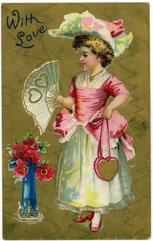 Victorian 'With Love' Greeting Card - Girl with Fan & Flowers