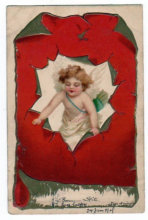 Vintage Cherub Die-Cut Greeting Card, Red Decorative Frame