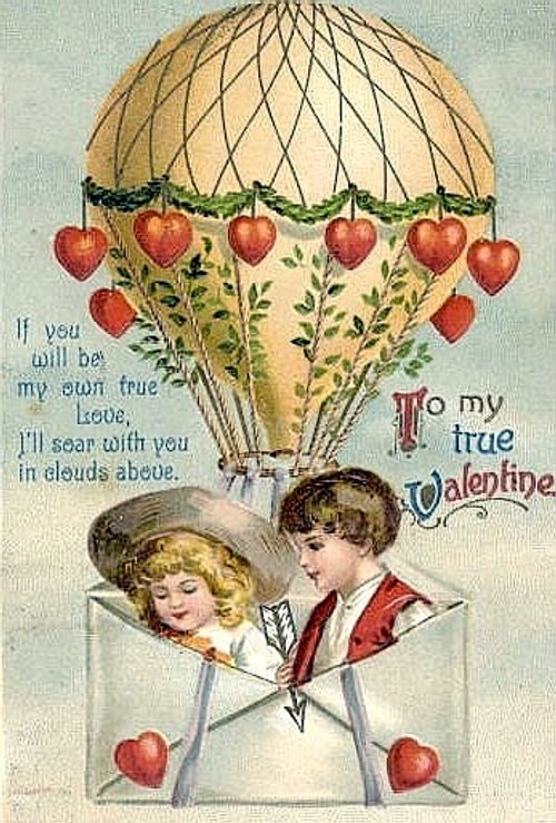 Victorian Valentine Hot Air Balloon Die-Cut Card with Children