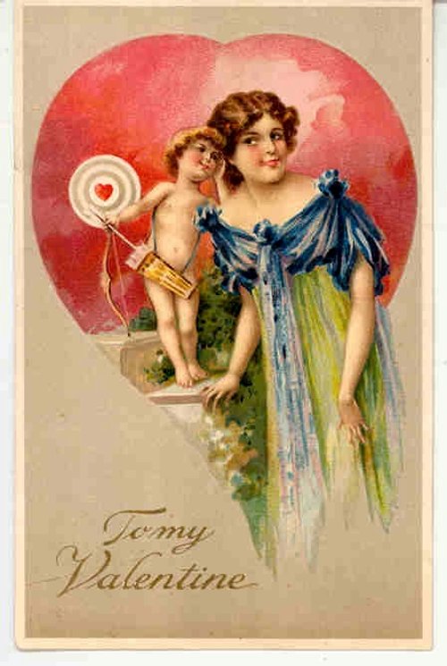 Victorian Valentine's Day Greeting Card with Cupid and Woman