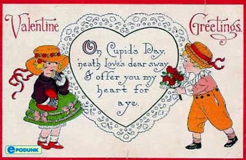 Vintage Valentine's Day Greeting Card with Children & Heart Lace