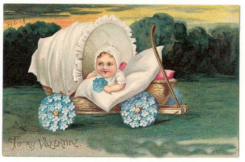 Vintage Baby Carriage Valentine: Cherub in Floral Cart, Edwardian