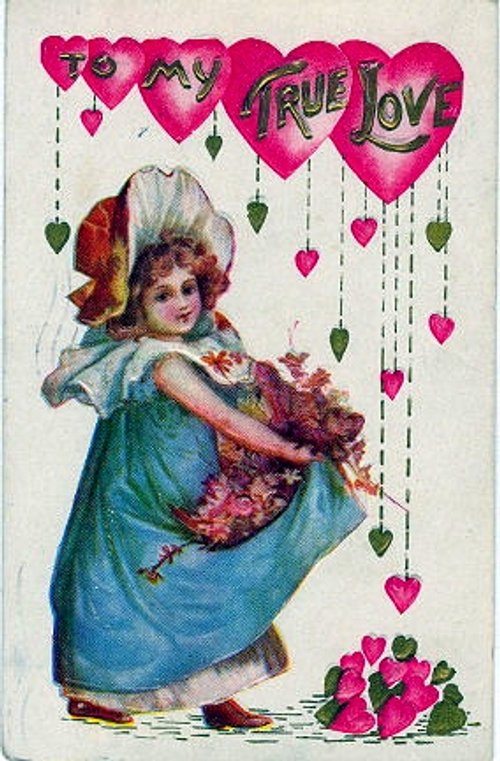 Victorian 'True Love' Valentine with Child & Hanging Hearts