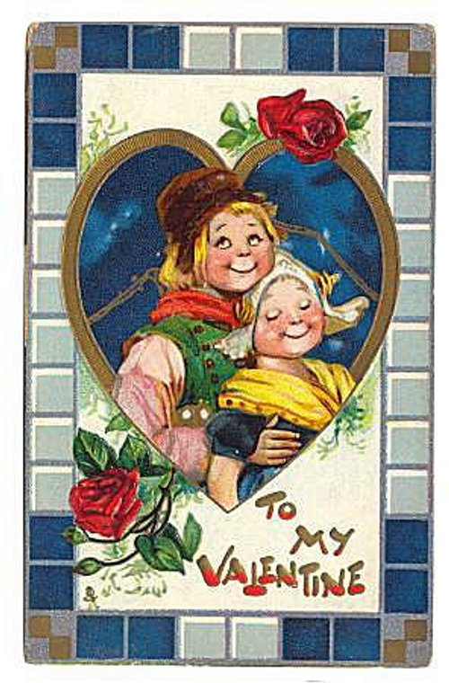 Vintage Valentine's Day Greeting Card with Children and Red Roses
