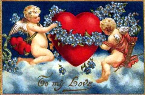 Victorian Cherub Valentine Card with Red Hearts & Forget-Me-Nots