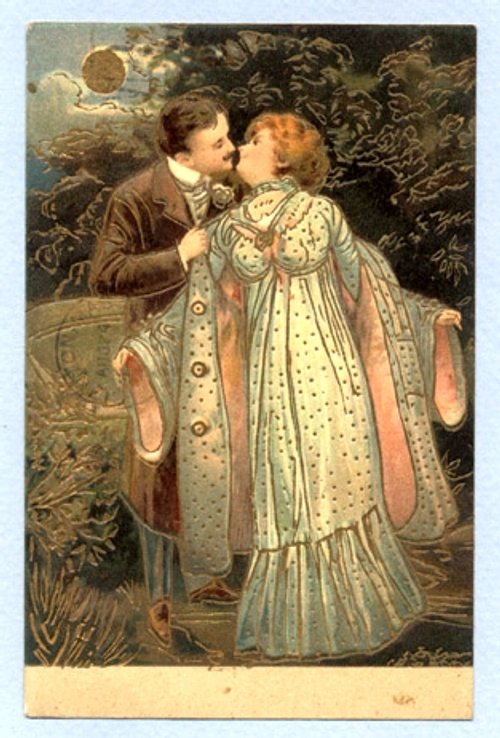 Victorian Couple Kissing Under Moonlight - Romantic Vintage Greeting Card