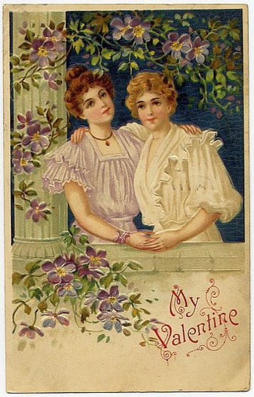 Edwardian Valentine's Day Greeting Card with Two Young Women