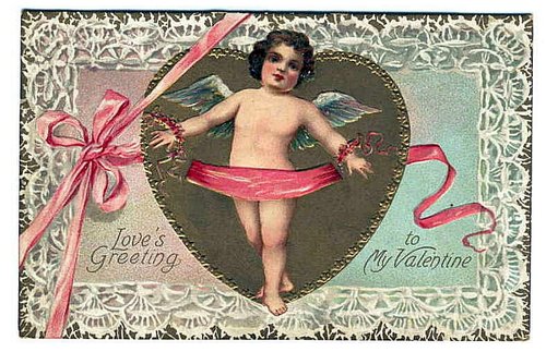 Victorian Valentine Cupid with Pink Ribbon and Heart