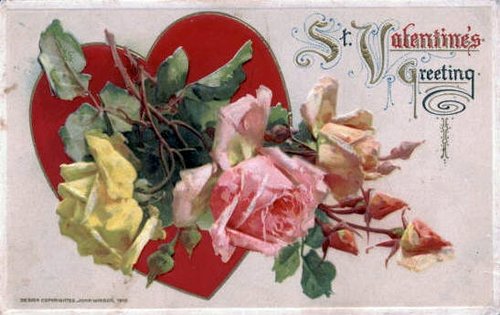 St. Valentine's Greeting Card with Roses Heart Edwardian Era