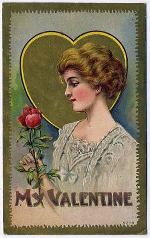 Victorian Valentine Greeting Card with Golden Heart & Red Rose