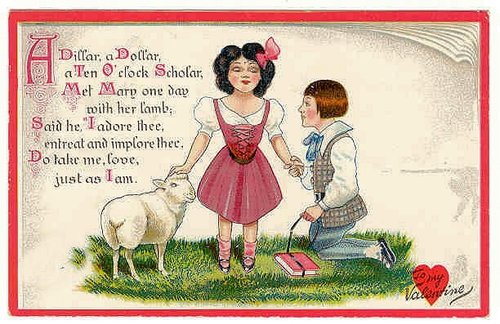 Victorian Valentine Greeting Card Girl Boy Lamb Love