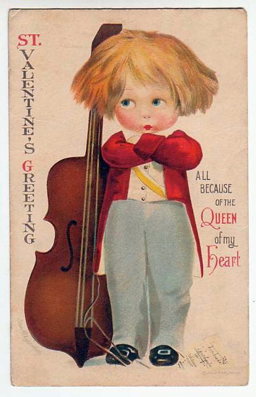 Vintage St. Valentine's Day Greeting Card with Child Musician