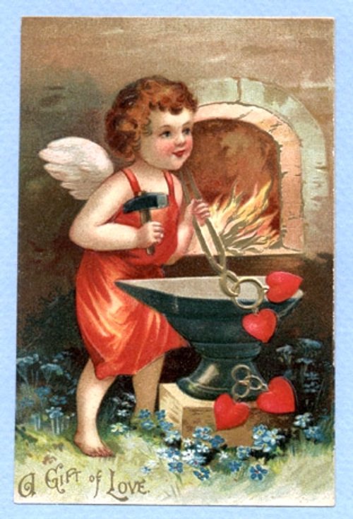 Victorian Cupid Valentine Card - Winged Angel with Hearts